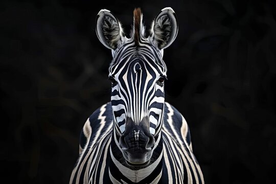 striking zebra face closeup on a black background fine art animal portrait