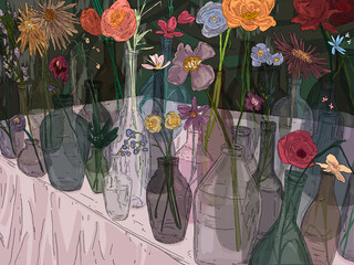 Bottles with flowers are on the table
