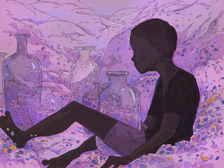 Boy is sitting on field covered with flowers