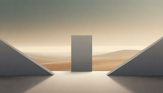 empty room with a grey rectangle on a beige floor, the white walls blending into the horizon. The landscape outside is a sloping haze