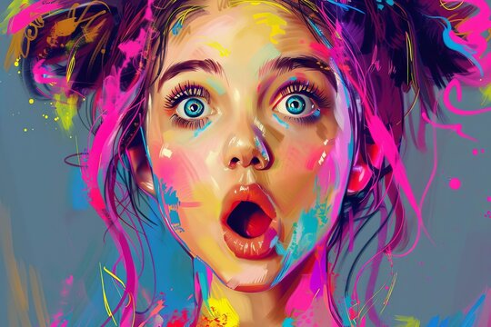surprised young student girl shocked funny face expression colorful portrait digital art