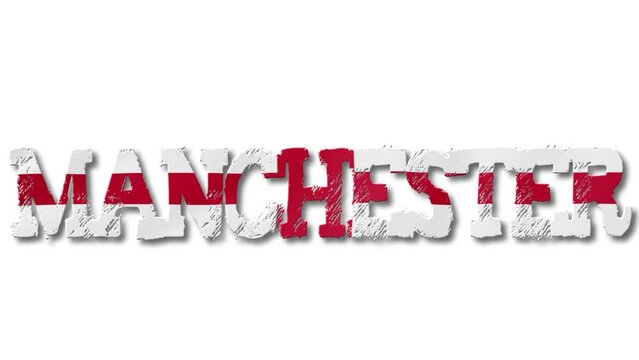 Manchester Text with England Flag Waving Inside. Seamless Loop Animation on Transparent Background.