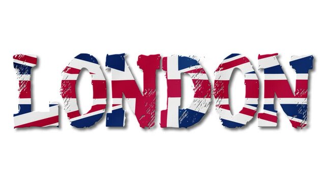 London Text with United Kingdom Flag Waving Inside. Seamless Loop Animation on Transparent Background.