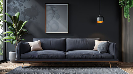 Modern design interior, Scandinavian furniture, 3d illustration, black sofa