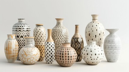 Blank mockup of a set of mismatched bohemian vases in varying sizes and patterns. . - obrazy, fototapety, plakaty