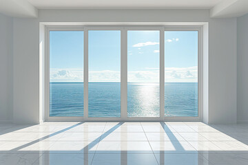 Panoramic windows in empty room with view on sea in sunny day.