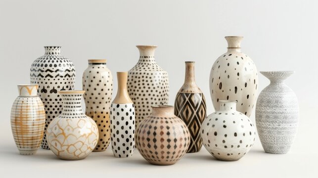 Blank mockup of a set of mismatched bohemian vases in varying sizes and patterns. .