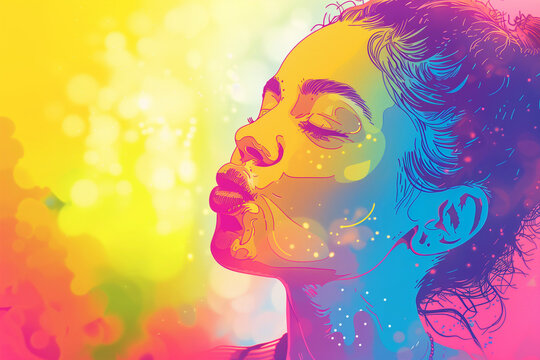 Woman blowing a kiss on a background of gay pride colors, radiating love and positivity with a cheerful, rainbow-infused setting