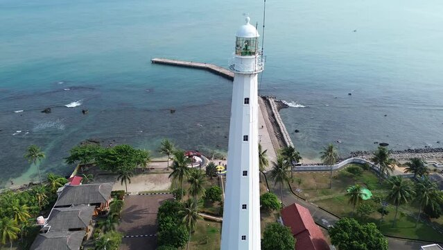 Aerial view of a lighthouse rock landscape. In the city of Banten, Indonesia
