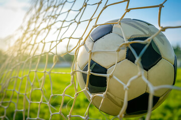 A soccer ball in a goal net