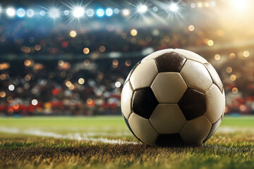 Fototapeta premium A soccer ball on a green field in soccer football stadium