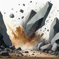 illustration of rocks, dust, and debris falling on white background banner.