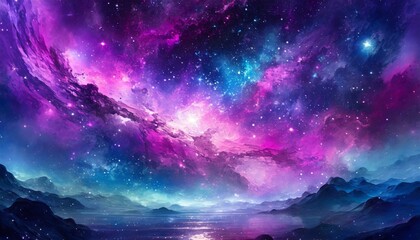 The sky resembles a galaxy with a myriad of purple, violet, and electric blue stars. Its a beautiful pattern of astronomical objects in shades of magenta, surrounded by gas and water
