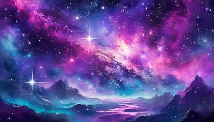 The sky resembles a galaxy with a myriad of purple, violet, and electric blue stars. Its a beautiful pattern of astronomical objects in shades of magenta, surrounded by gas and water
