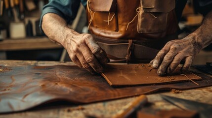 A leatherworkers hands skillfully molding and shaping a piece of leather with precision and expertise creating a beautiful and functional product. .