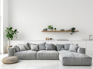 Stylish living room interior with grey sofas and wooden shelf