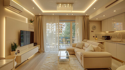 modern interior design of the living area in the studio apartment in warm soft colors, decorative built-in lighting and soft beige furniture