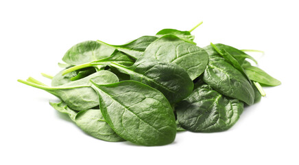 Pile of fresh spinach leaves isolated on white