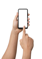 Man using smartphone with blank screen isolated on white, closeup. Mockup for design