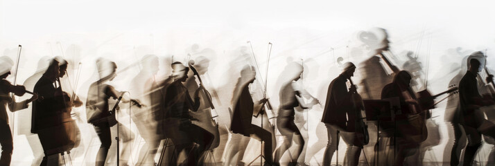 a long exposure photograph of multiple people orchestra musicians, motion blur
