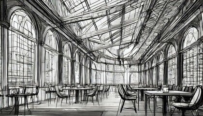 An architectural drawing of a city building interior with tables and chairs, showcasing urban...