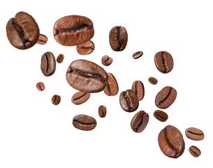 Roasted coffee beans flying on white background