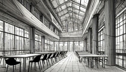 An architectural drawing of a city building interior with tables and chairs, showcasing urban...