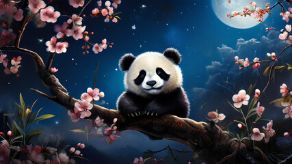 very cute Panda sitting on a cherry tree