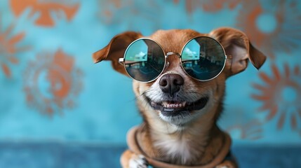 Cool Chihuahua Enjoying Skate Vibes on Blue Background. Concept Pets, Skateboarding, Cool, Chihuahua, Blue Background