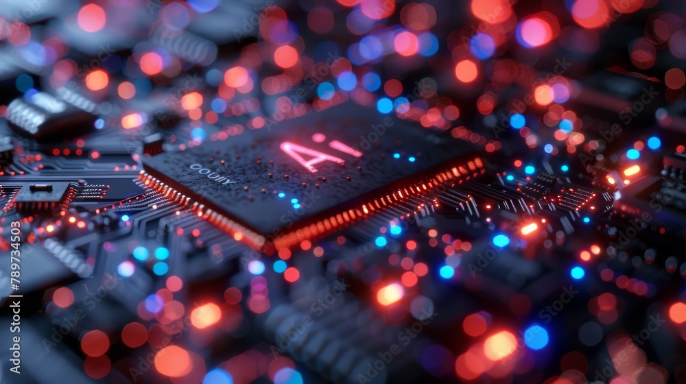 Poster futuristic depiction of an ai microchip with glowing elements and intricate circuitry, highlighting 