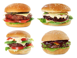 Burgers with delicious patties isolated on white, set