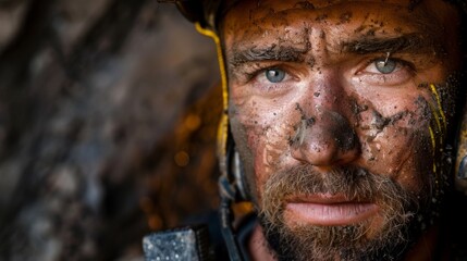 A captivating shot of a miner emerging from a newly carved tunnel covered in dust and sweat bearing...