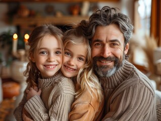 Warm indoor scene with a father hugging his two daughters, showcasing deep family connection
