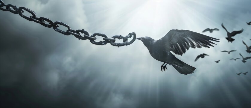 Dramatic and inspirational image of a single bird flying as chains break apart, set against a backdrop of radiant sunlight