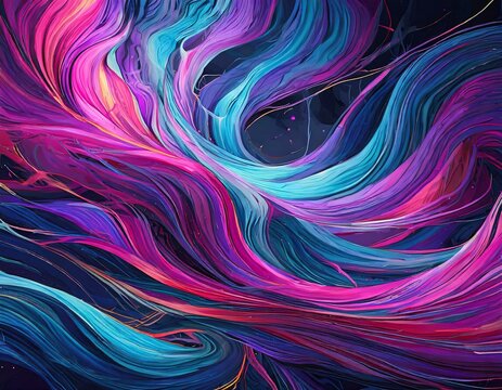 Vibrant swirls of purple, electric blue, and magenta create an eyecatching painting on a dark background, showcasing a blend of color and line work in art