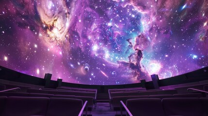 Arranges an exhibit in a planetarium where projections of distant galaxies and nebulae in vivid cosmic purples draw visitors into the mysteries of the universe