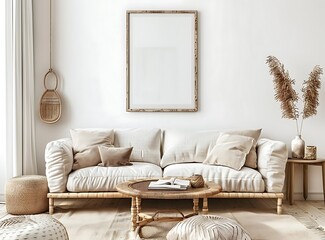 Stylish Scandinavian or boho interior of a living room with a designed beige sofa