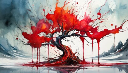 vibrant splash of red liquid creates art on a white surface, resembling a painting of a fictional character. The illustration captures the essence of a tree in a visually captivating event