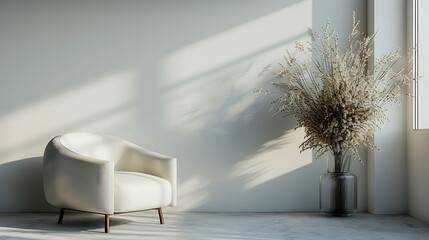 Modern minimalist interior with an armchair on empty white color wall background3d rendering,...