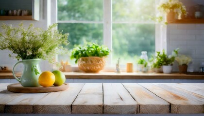 The kitchen summer window background is blurred, serving as the backdrop for a bleached wooden table top.