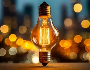 glowing amber light bulb illuminates in front of a blurred city lights background, creating a beautiful symmetrical pattern. Captured in macro photography