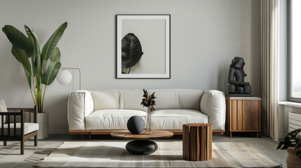 Modern scandinavian home interior with mock up photo frame, design wooden commode, black sculpture, tropical leaf, gray sofa and personal accessories, Stylish home decor, Template, Ready to use, 
