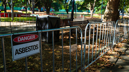 asbestos sign.Asbestos in Sydney park nsw Australia. asbestos danger. closed park.