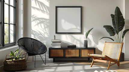 Modern scandinavian living room interior with black mock up poster frame, design commode, leaf in vase, black rattan basket, books and elegant accessories, Template, Stylish home decor, 