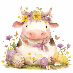 adorable watercolor, of a cute cow easter, isolated on a white background in a style of lucy gross mith, purple tone
