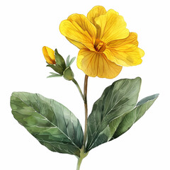 Bud of primrose, single stem, watercolor, clipart, February flower, white background