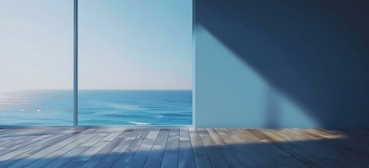 The empty white wall and wooden floor featured a sea view window in the interior design of a modern minimalist house background