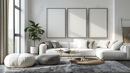 Modern white living room interior design with decoration and empty mock up picture frames 3D Rendering, 3D Illustration