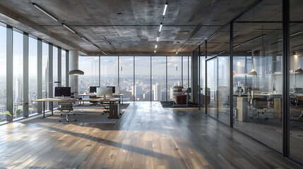 New glass concrete office interior with city view, daylight, wooden floor furniture and equipment,...