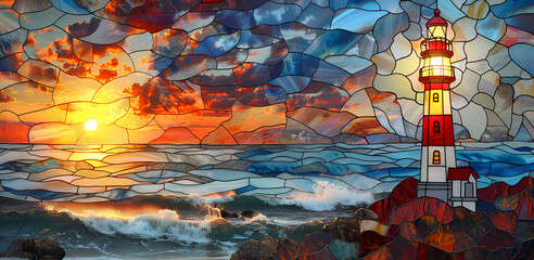 Stained Glass Lighthouse Mug Wrap Generated by AI